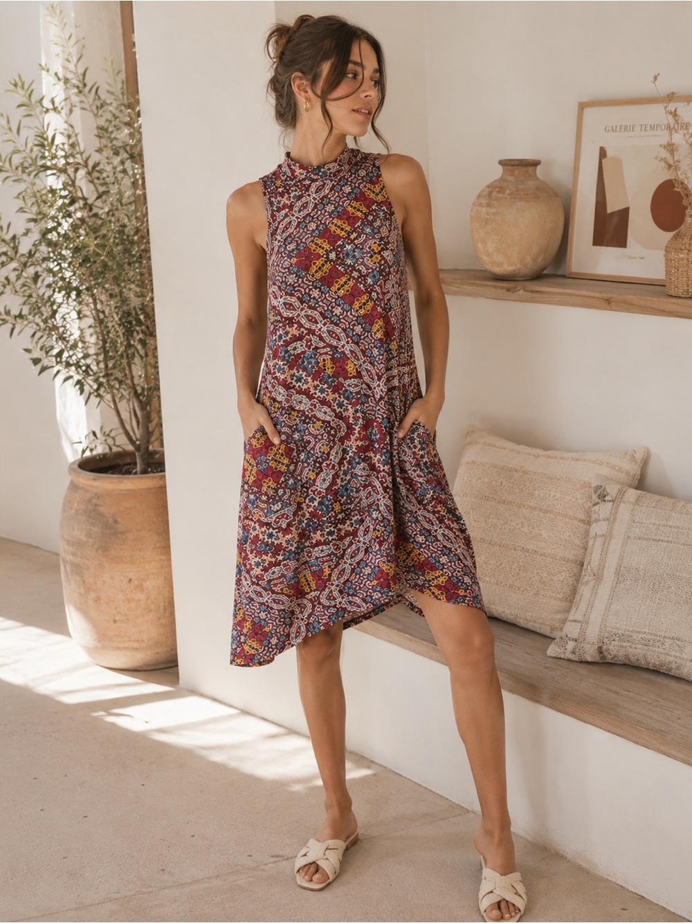 ANTHROPOLOGIE x MAEVE Lilt Printed High Neck Swing Dress With Pockets Size M